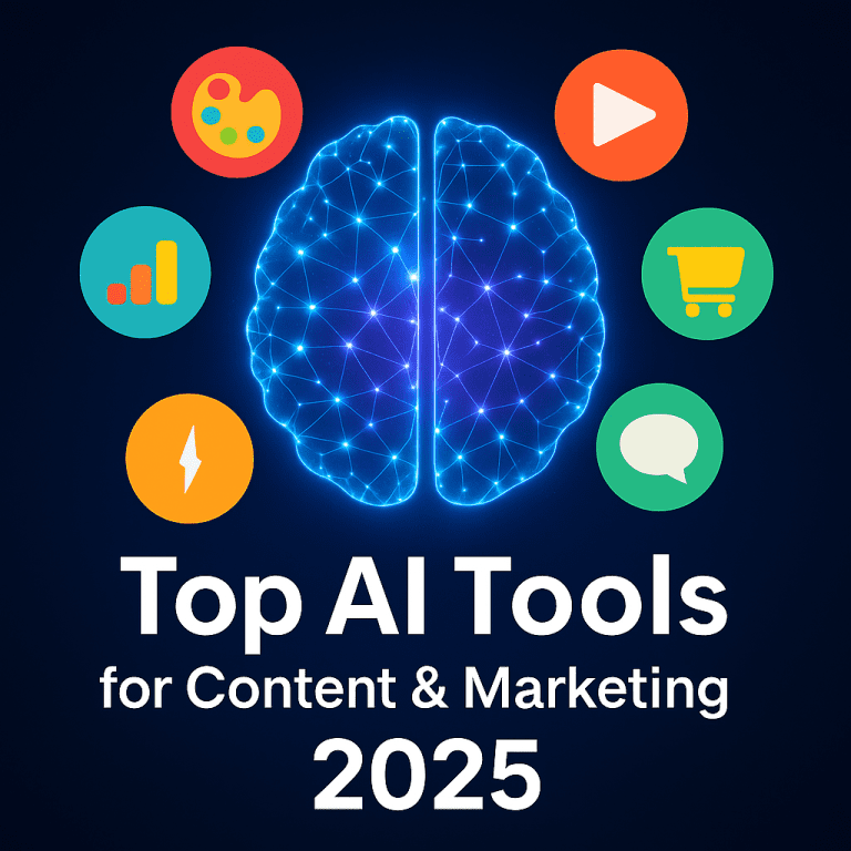 Feature image showing glowing AI brain with digital icons for design, video, eCommerce, analytics, and chat, promoting Best AI Tools 2025 for content and marketing.