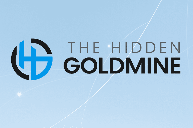 Logo and branding design for The Hidden Goldmine review with modern blue and black typography on a light blue background.