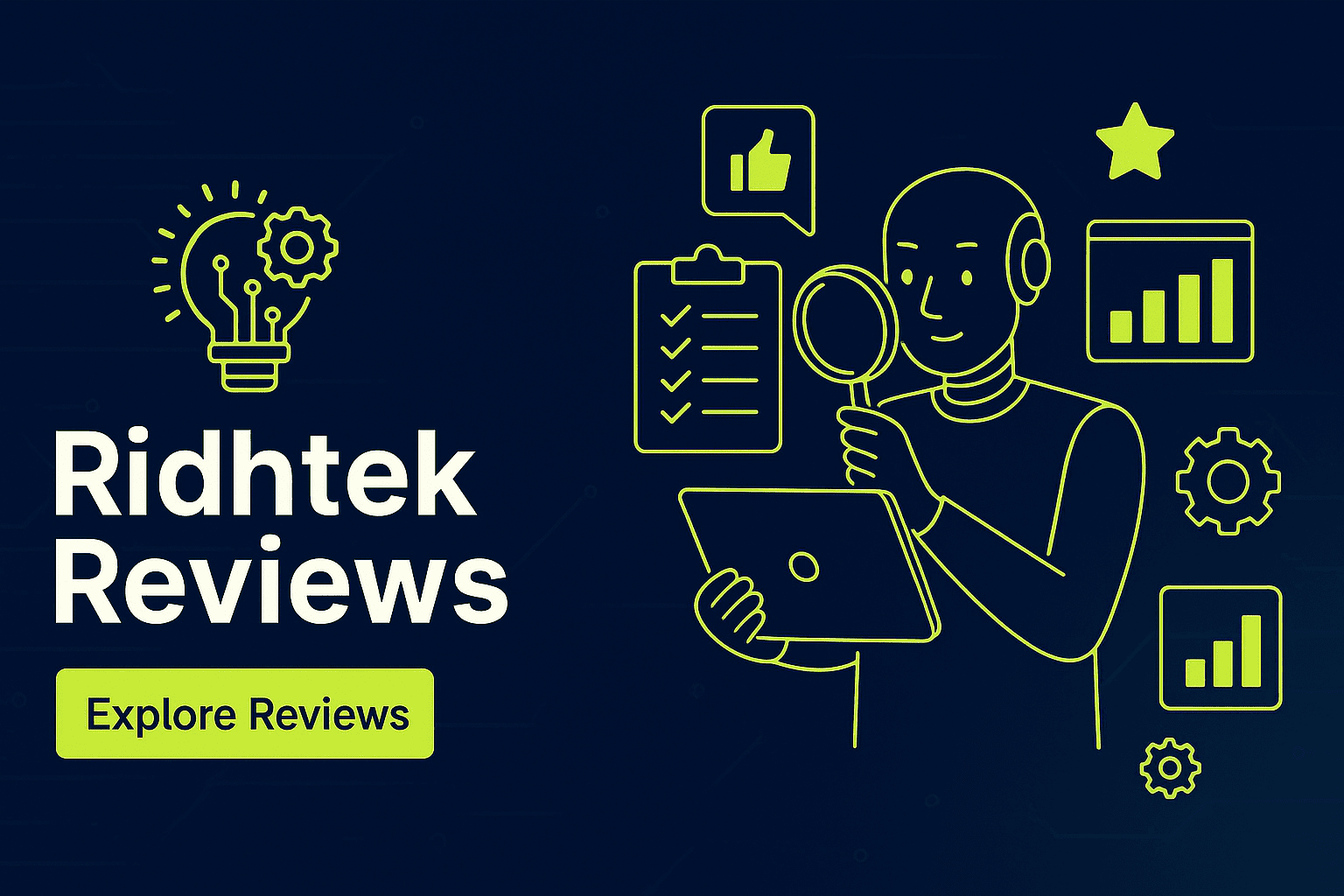 Ridhtek Reviews website banner with neon yellow tech logo, robot illustration, and call-to-action button “Explore Reviews” on a dark blue background.