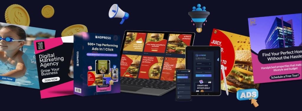 AdPreso AI Review – example of AI-generated ad creatives across multiple industries including real estate, food, digital marketing, and eCommerce created in one click.