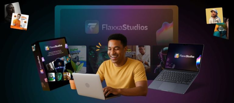 Dashboard of FlaxxaStudios AI design platform showing logo generator, mockup creator, and background remover tools interface.