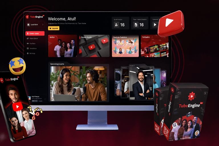 Tube Engine AI review – dashboard interface, product boxes, and mobile app display showing YouTube automation features.