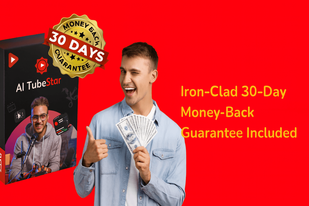 AI TubeStar 30-day money-back guarantee banner showing product box, happy user holding cash, and bold text highlighting refund assurance.