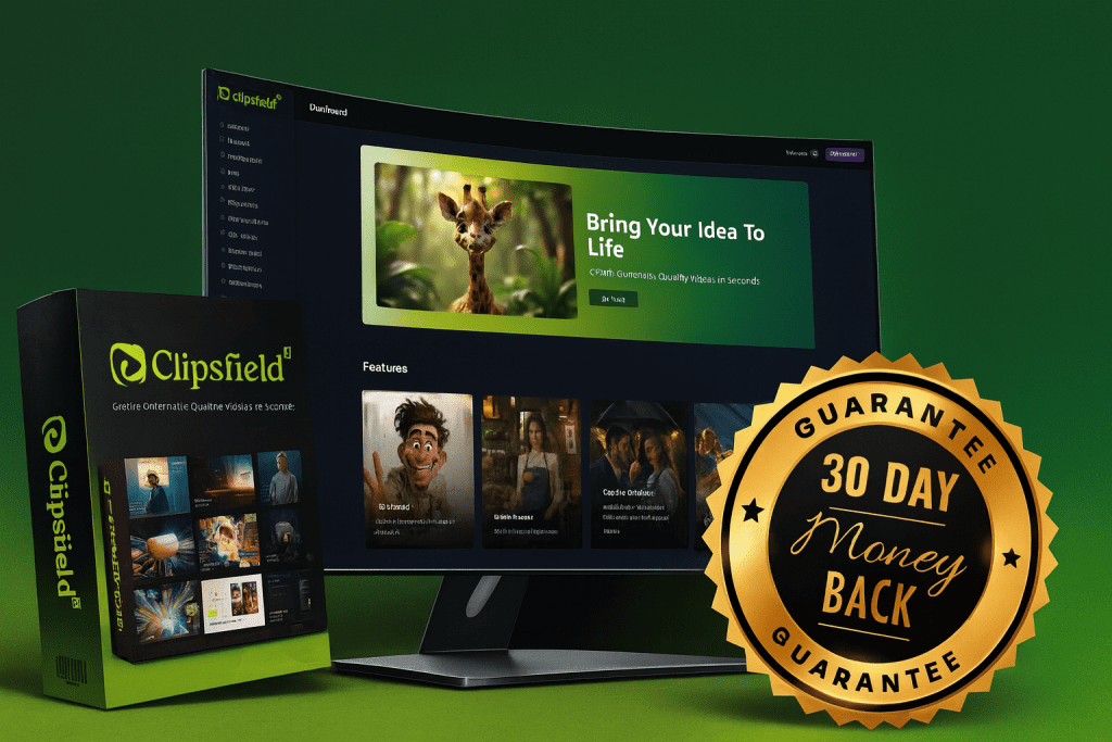 ClipsField AI Review – 30-Day Money-Back Guarantee and Dashboard Preview ClipsField AI review – 30-day money-back guarantee badge and software dashboard
