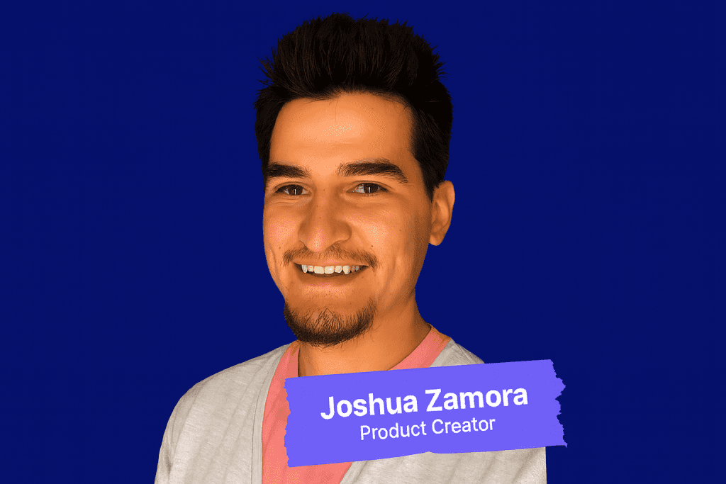 Joshua Zamora, product creator of eBook Valet, against a blue background with his name displayed on a purple label.