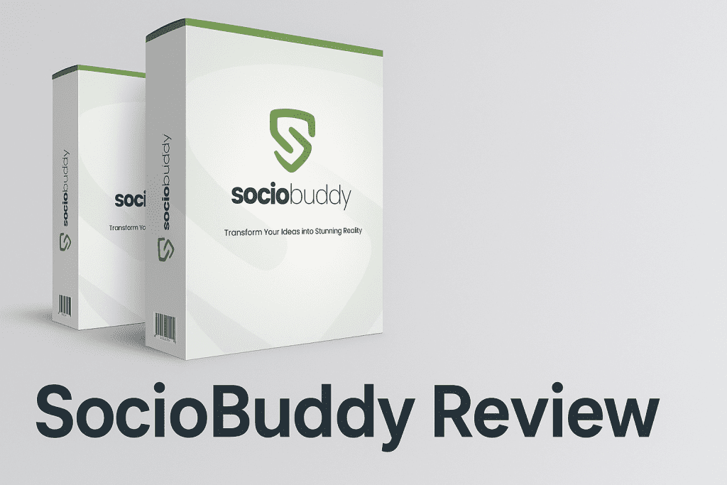 SocioBuddy Review mockup showing product boxes on a soft grey gradient background for social media template system