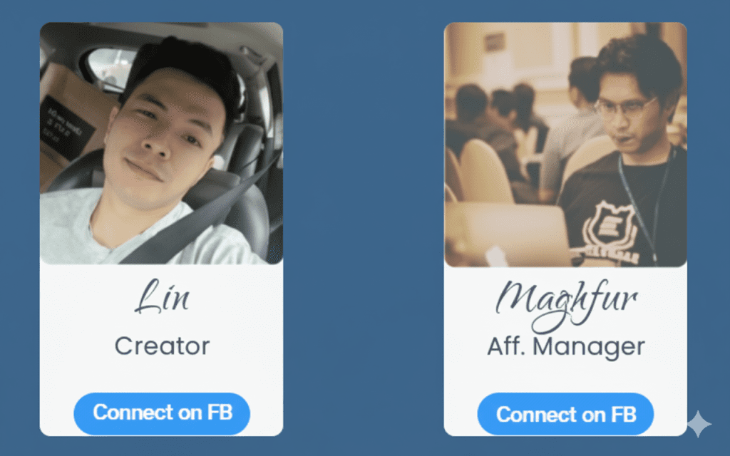 SocioBuddy creators Lin and Maghfur shown with their roles as Creator and Affiliate Manager
