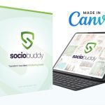 SocioBuddy product boxes and Canva-made social media templates displayed on laptop and smartphone