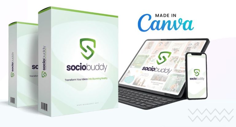 SocioBuddy product boxes and Canva-made social media templates displayed on laptop and smartphone