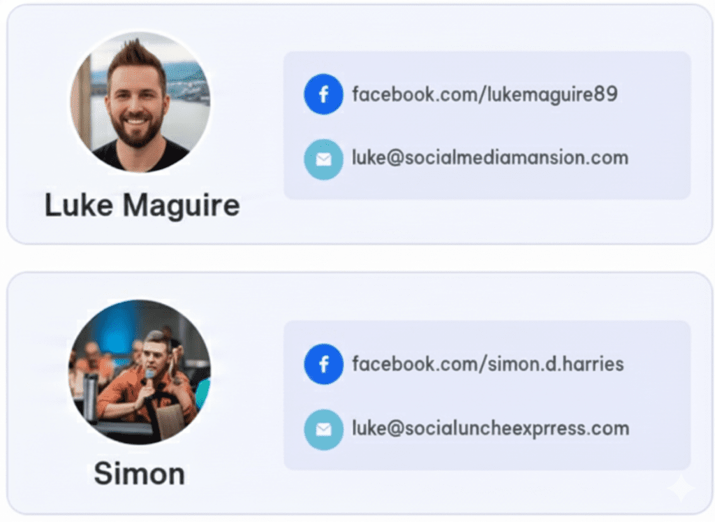 URLFAM Review creators Luke Maguire and Simon Harries with their contact details and Facebook profiles