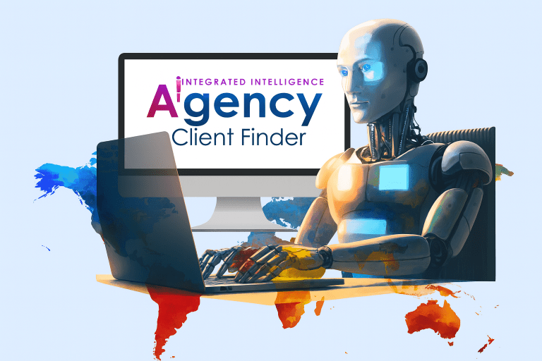 Agency Client Finder (AI) Global Review feature image showing AI robot using digital client finder software