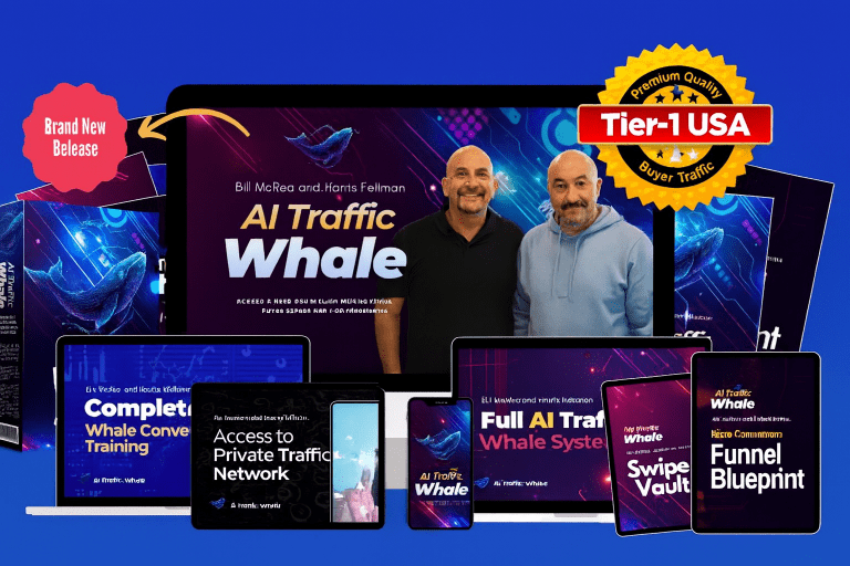 AI Traffic Whale Review featured image showing the AI Traffic Whale system, creators, and product mockups