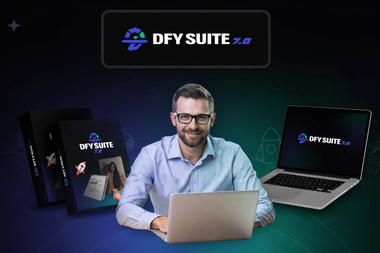 DFY Suite 7.0 Review showing the dashboard, software box, and user working on laptop
