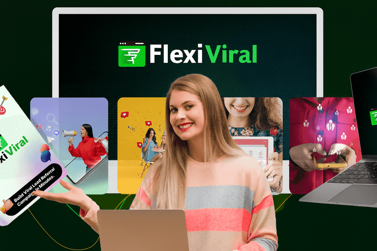 FlexiViral Review featured image showing the FlexiViral dashboard, product mockups, and campaign visuals