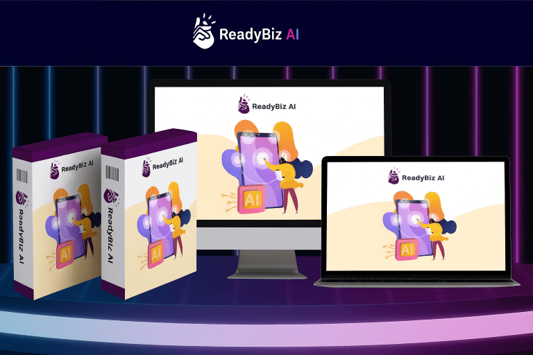 ReadyBiz AI Review product dashboard and packaging preview