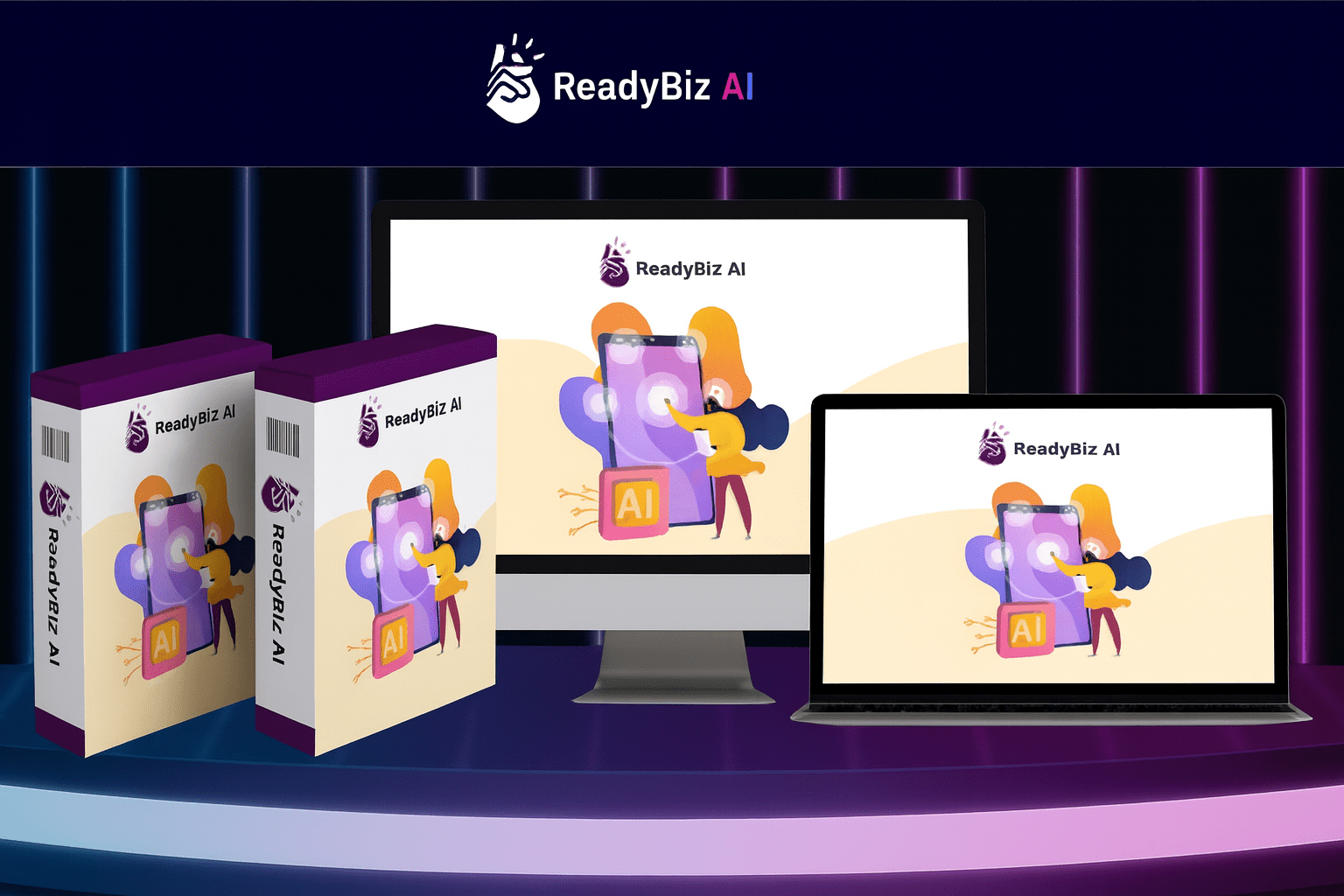 ReadyBiz AI Review product dashboard and packaging preview
