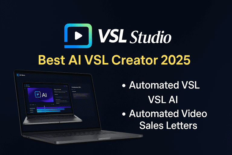 VSL Studio Review feature image showcasing tagline Best AI VSL Creator 2025 with laptop preview and key points
