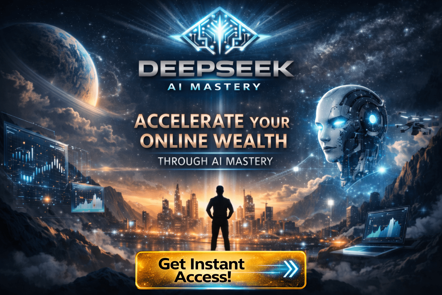 DeepSeek AI Mastery Review feature image showing AI technology, automation, and online wealth concept