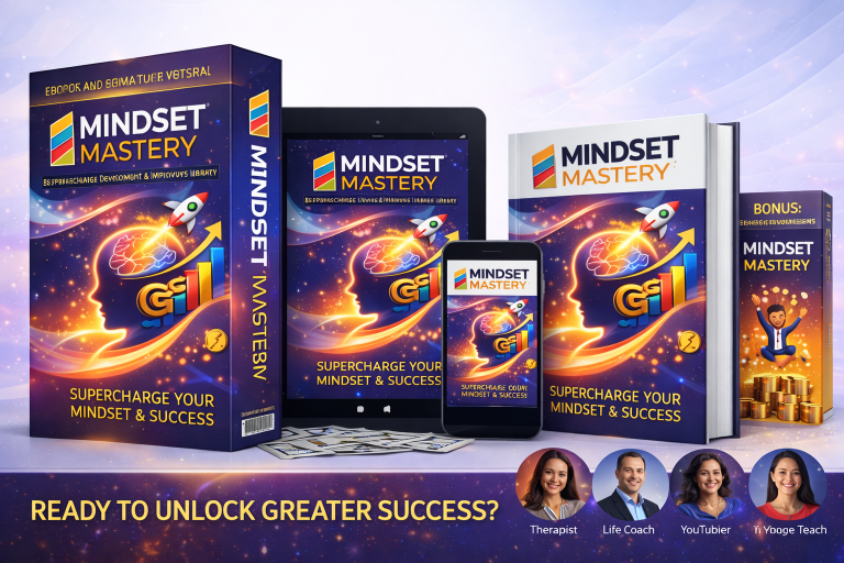 Mindset Mastery Review showing the complete eBook and audiobook PLR library for personal development and digital product selling