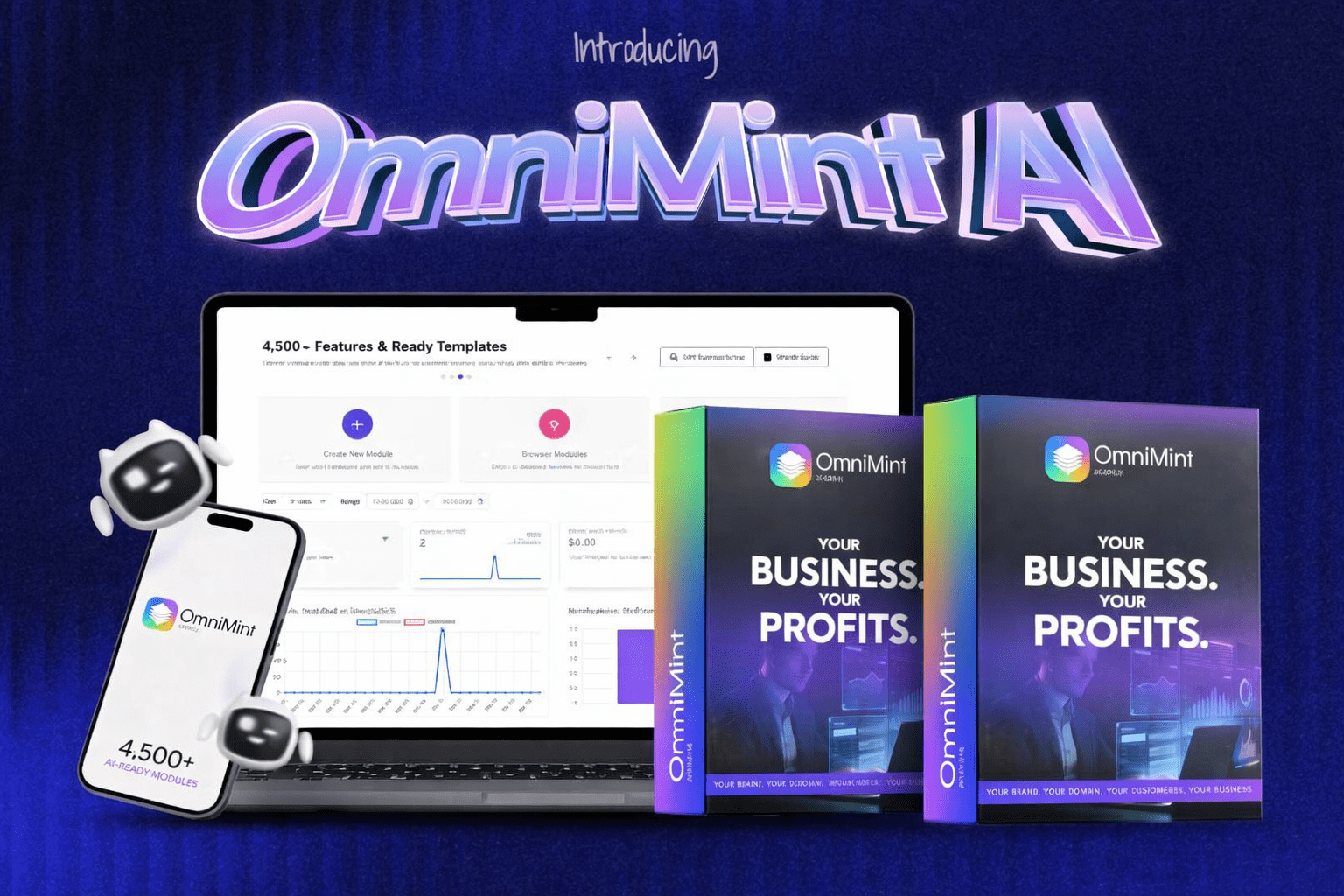 OmniMint AI Suite Review showing AI SaaS builder dashboard, white label software, and app monetization tools