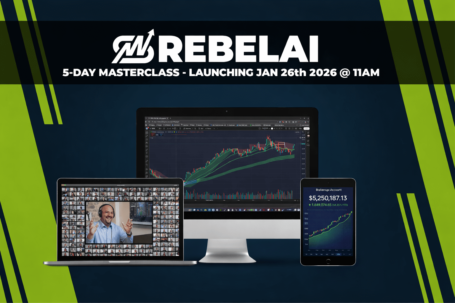 Rebel AI Review featured image showing Rebel AI 5-day trading masterclass with stock charts and live training screens