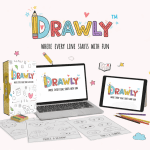 Drawly™ Review 2026 featured image showing 500+ kids step-by-step drawing worksheets with Canva editable templates and commercial rights