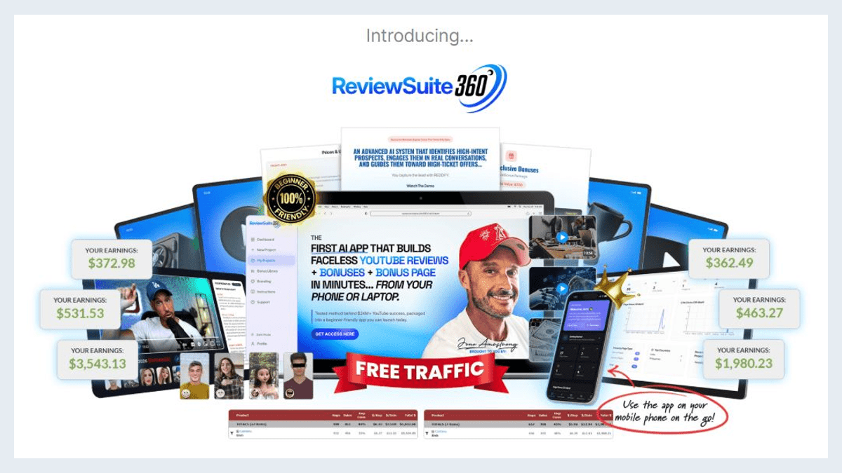 ReviewSuite 360 Review 2026 dashboard showing AI affiliate marketing software for creating YouTube product reviews and bonus pages