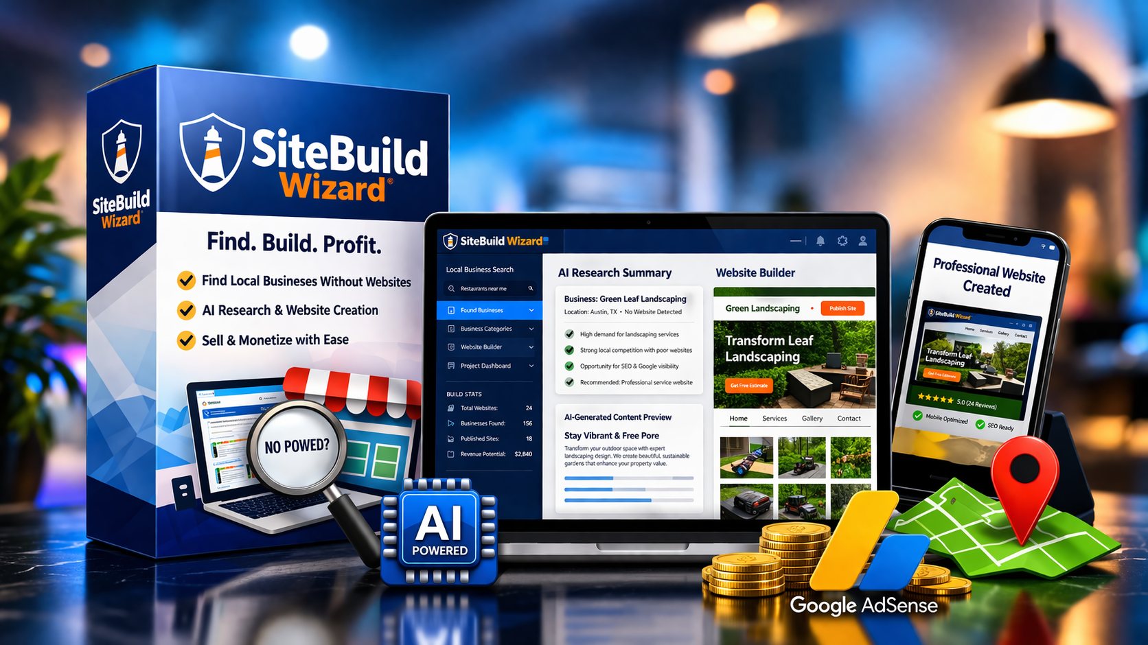 SiteBuild Wizard Review 2026 AI website builder dashboard and local business finder tool interface