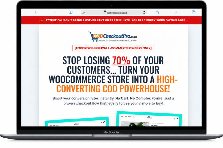 COD Checkout Pro Review showing WooCommerce one click COD checkout plugin interface on laptop screen