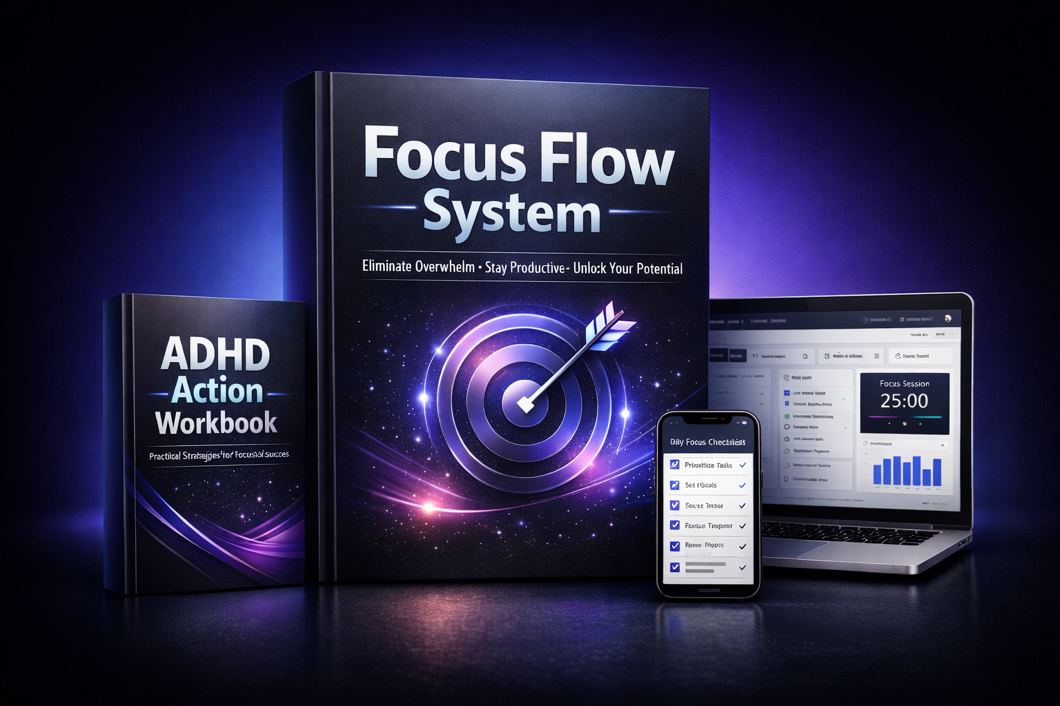 Focus Flow System Review – productivity framework dashboard, ADHD workbook and focus tracking system interface