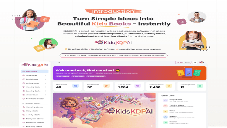 KidsKDPAI Wizard Review dashboard showing AI kids book creator software for KDP publishing