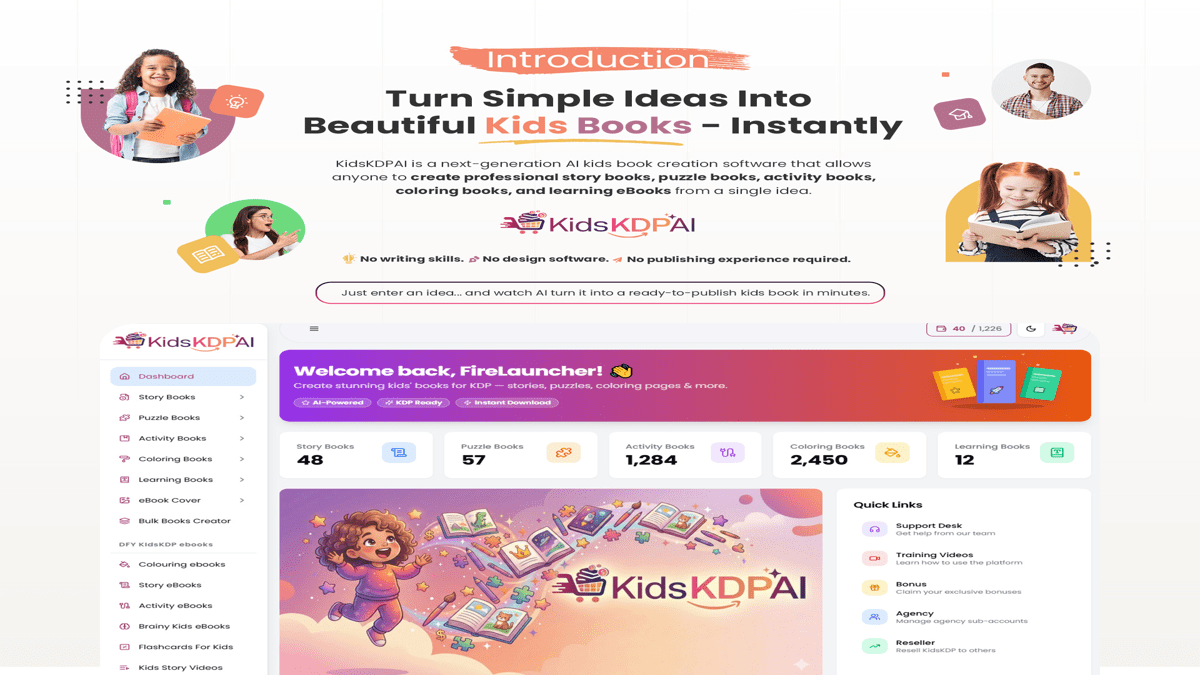 KidsKDPAI Wizard Review dashboard showing AI kids book creator software for KDP publishing