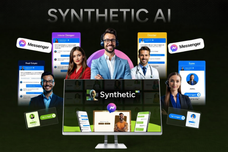 Synthetic AI Review dashboard showing AI agent builder, chatbot conversations, and automation features