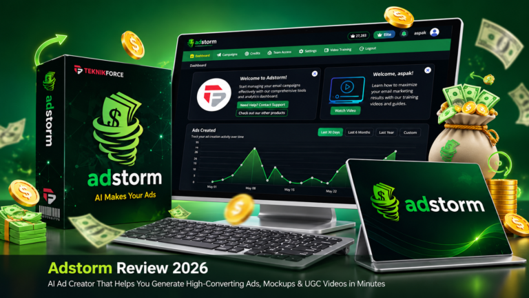 Adstorm Review 2026 AI Ad Creator dashboard with ad generation, mockup creation, and AI advertising tools