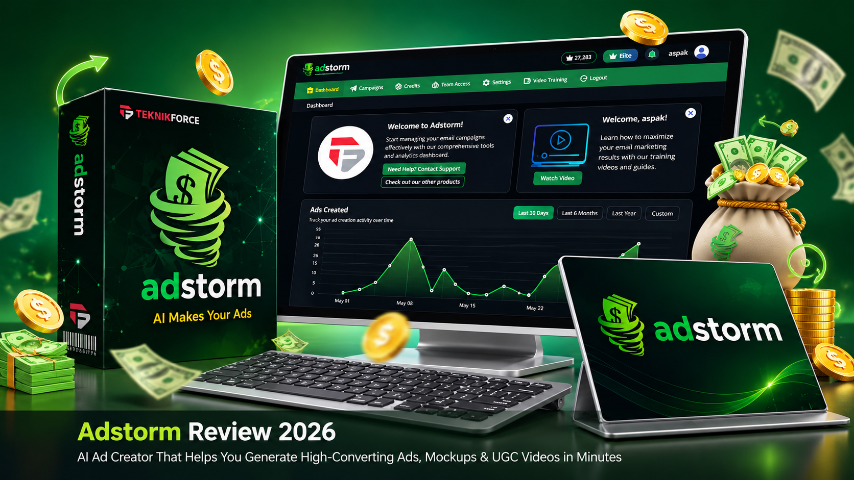 Adstorm Review 2026 AI Ad Creator dashboard with ad generation, mockup creation, and AI advertising tools