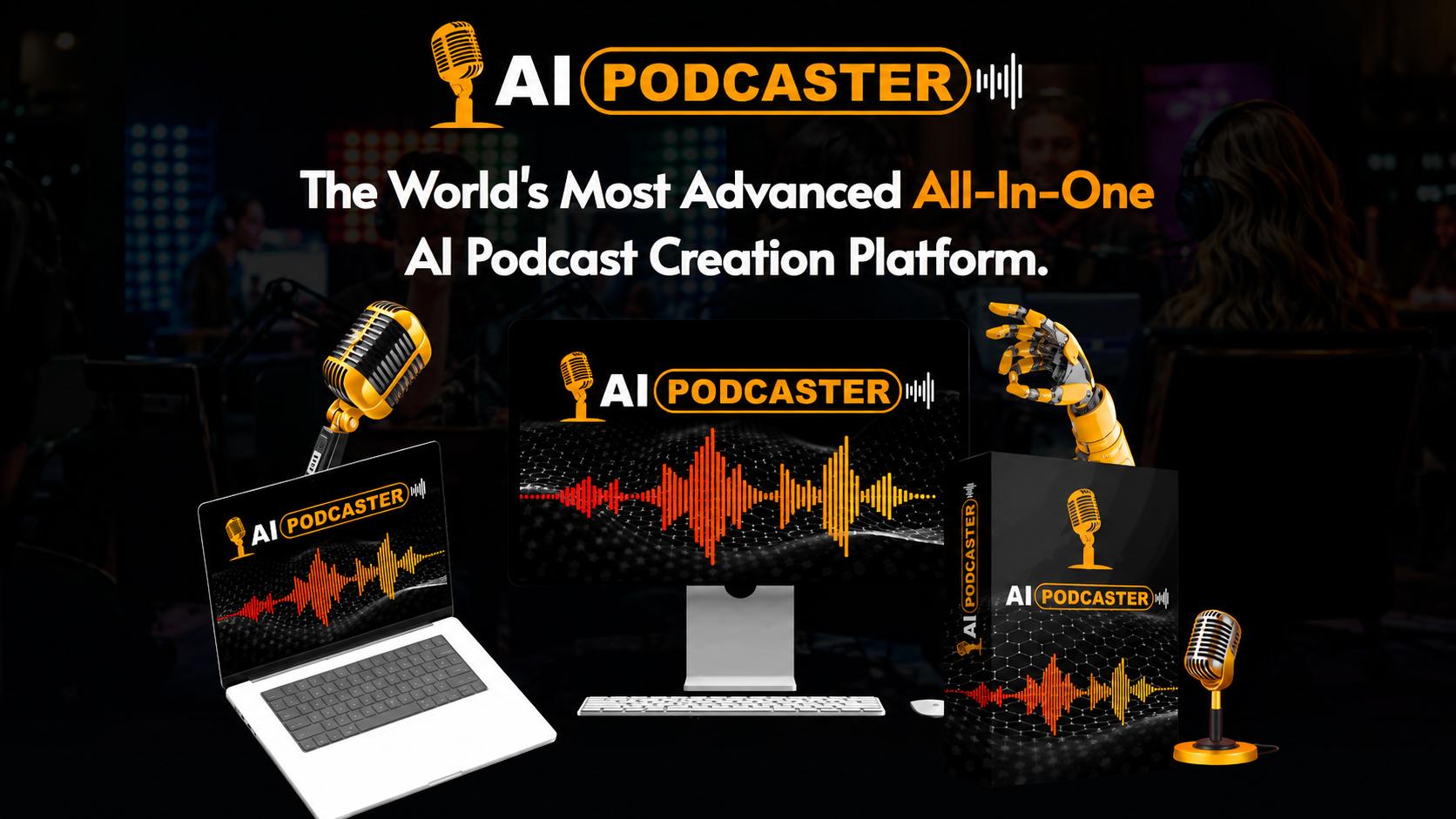 AI Podcaster Review 2026 dashboard showing AI podcast generator for creating audio and video podcasts with AI hosts and voices