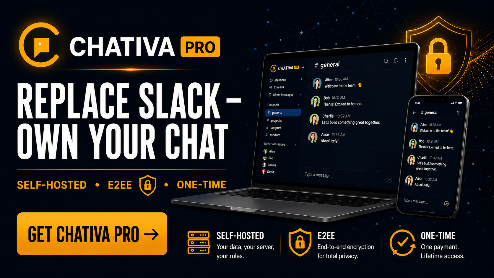 Chativa Pro Review 2026 banner showcasing self-hosted team chat software with end-to-end encryption, AI-powered collaboration, video conferencing, and private business communication features