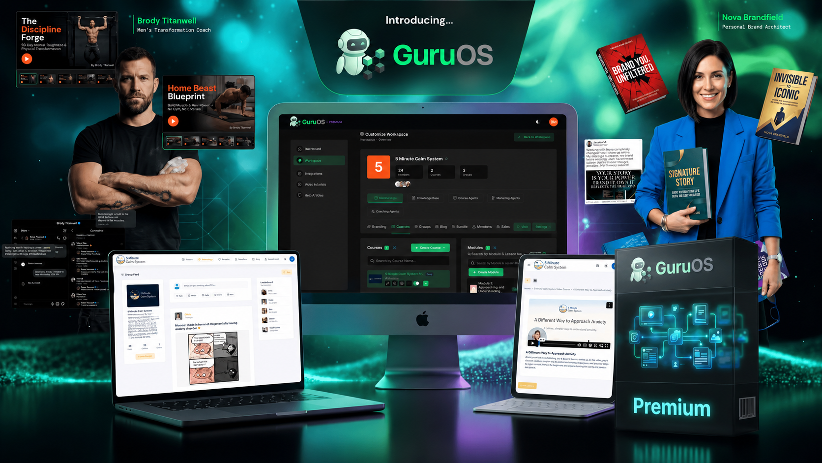 GuruOS Review dashboard showing AI business automation platform for course creation, funnels, chatbot marketing, and digital product management