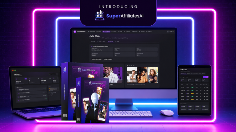 SuperAffiliateAI Review 2026 dashboard showcasing AI affiliate marketing software for automated campaign creation, email marketing, ads, and content generation.
