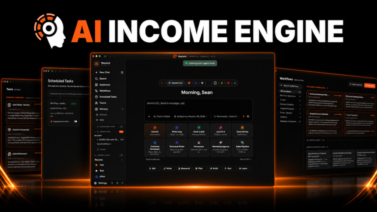 AI Income Engine Review 2026 dashboard showcasing Wayland AI business building and workflow automation platform