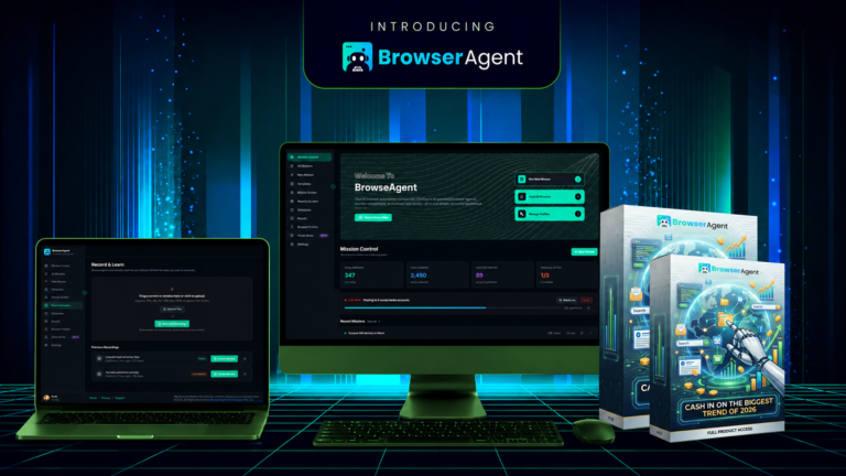 BrowserAgent Review 2026 dashboard showcasing AI browser automation software for lead generation, workflow automation, SEO, and online business productivity.