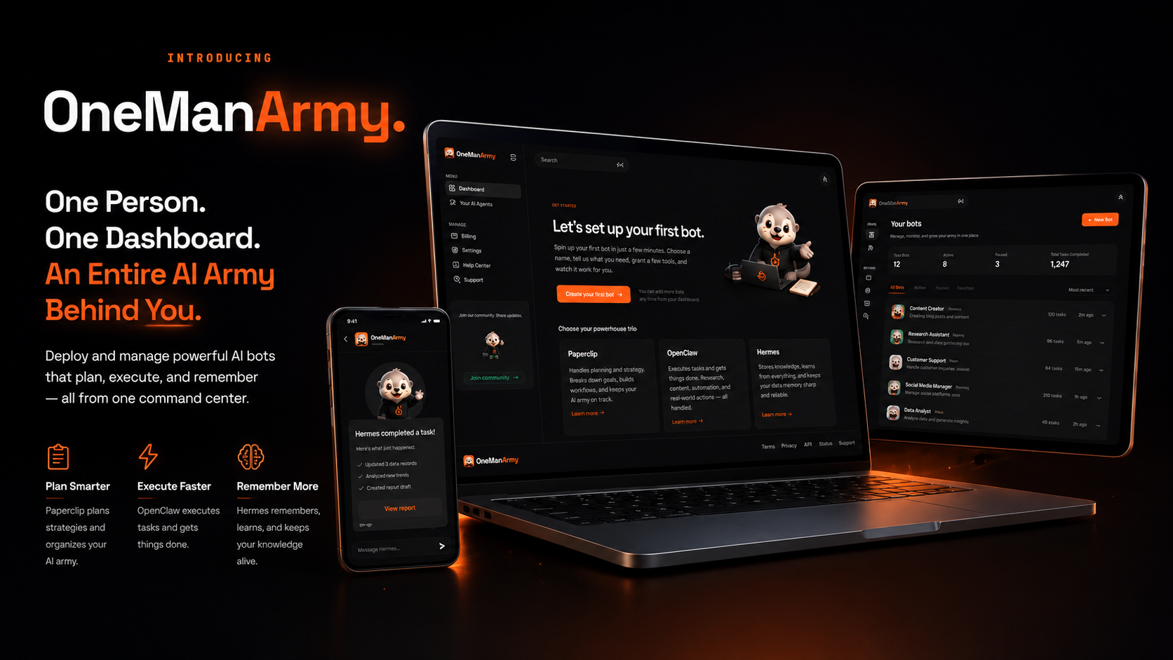 OneManArmy Review 2026 dashboard showing Paperclip, OpenClaw and Hermes AI agents for business automation and AI workforce management