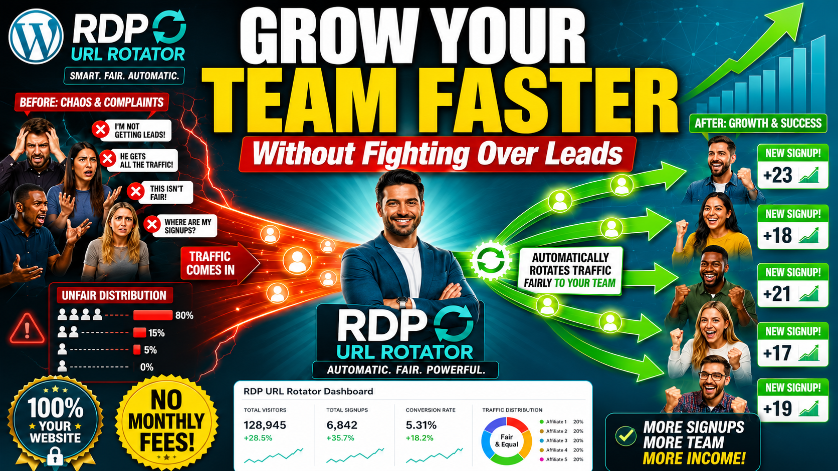 RDP URL Rotator Review 2026 showing automated affiliate traffic distribution and team growth using a WordPress URL rotator plugin