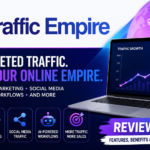 Traffic Empire Review 2026 showing AI-powered traffic generation, SEO strategies, content marketing, social media traffic, and website growth training