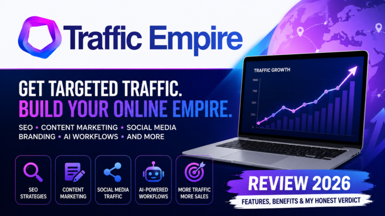 Traffic Empire Review 2026 showing AI-powered traffic generation, SEO strategies, content marketing, social media traffic, and website growth training