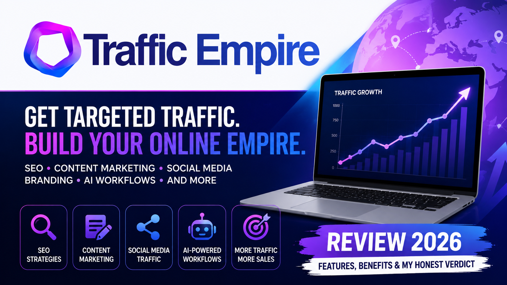 Traffic Empire Review 2026 showing AI-powered traffic generation, SEO strategies, content marketing, social media traffic, and website growth training