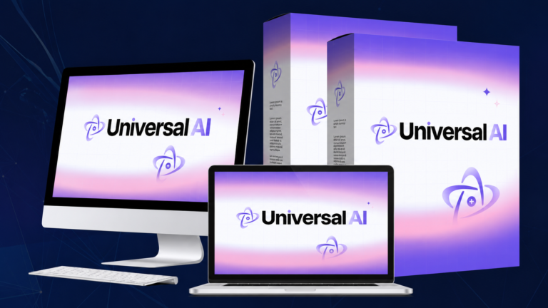 Universal AI Review 2026 showing the Universal AI dashboard, software package, and all-in-one AI platform features
