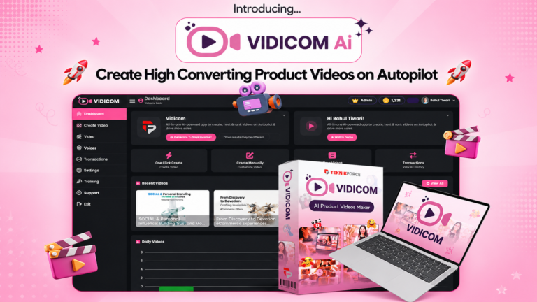 Vidicom Review 2026 showing the AI video generator dashboard for creating high-converting product marketing videos automatically