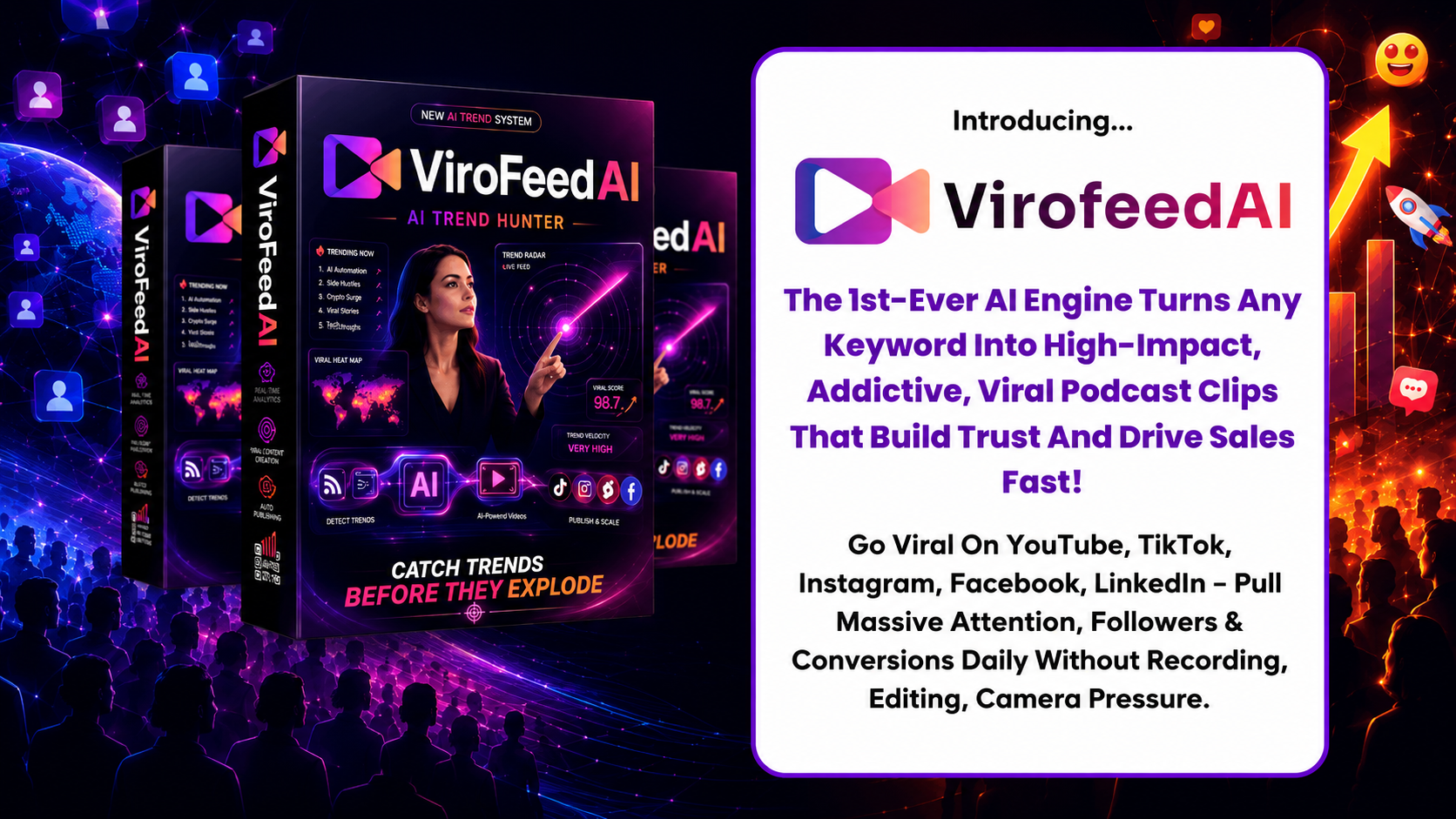 ViroFeed AI Review 2026 dashboard showing AI trend discovery, viral video creation, AI presenters and faceless video automation platform