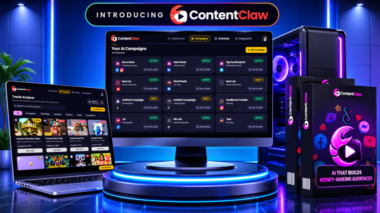 ContentClaw Review 2026 feature image showcasing the AI-powered social media automation dashboard, TrendRadar, ContentForge, multi-platform publishing, and AI audience growth tools.